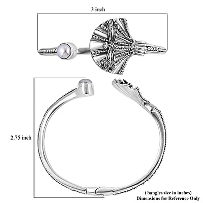 Bali Legacy White Pearl Floral Dragonfly Bracelet in Sterling Silver (7.50 In)