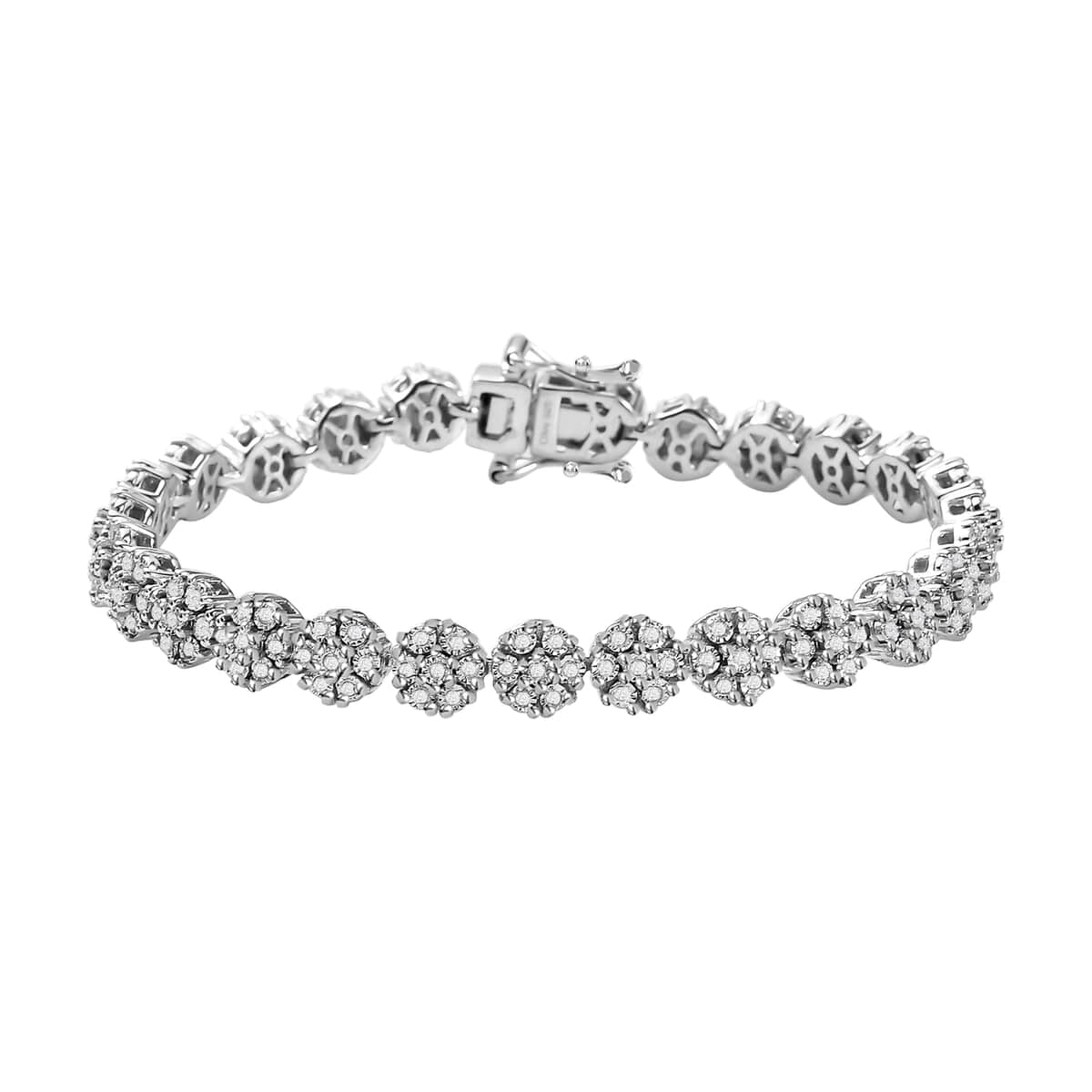 Diamond Floral Bracelet in Platinum Over Sterling Silver, Silver Cluster Bracelet, Wedding Gifts For Her (6.50 In) 0.90 ctw image number 0