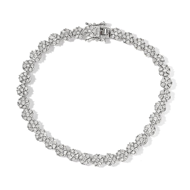 Diamond Floral Bracelet in Platinum Over Sterling Silver (8.00 In) 1.00 ctw