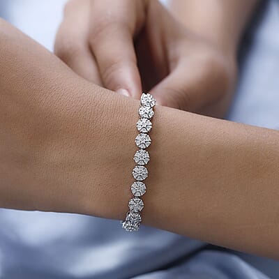 Diamond Floral Bracelet in Platinum Over Sterling Silver (8.00 In) 1.00 ctw