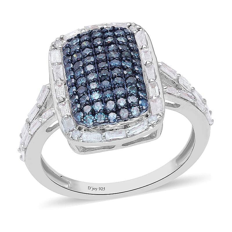 Blue and White Diamond Ring in Platinum Over Sterling Silver (Size 10.0) 1.00 ctw