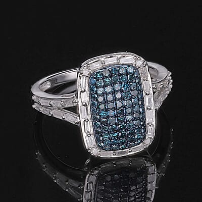 Blue and White Diamond Ring in Platinum Over Sterling Silver (Size 10.0) 1.00 ctw