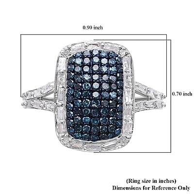 Blue and White Diamond Ring in Platinum Over Sterling Silver (Size 10.0) 1.00 ctw