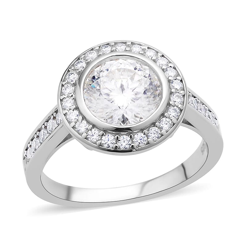 129 Facet Moissanite Halo Ring in Rhodium Over Sterling Silver (Size 10.0) 2.50 ctw
