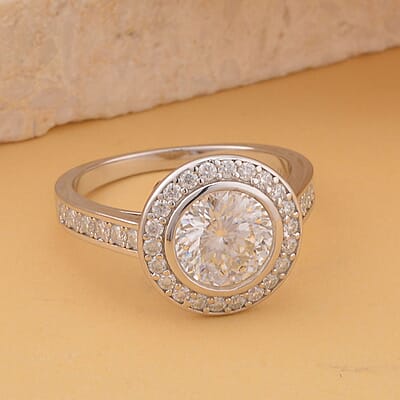 129 Facet Moissanite Halo Ring in Rhodium Over Sterling Silver (Size 10.0) 2.50 ctw