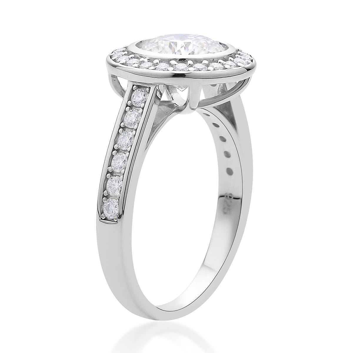 129 Facet Moissanite Halo Ring in Rhodium Over Sterling Silver (Size 10.0) 2.50 ctw