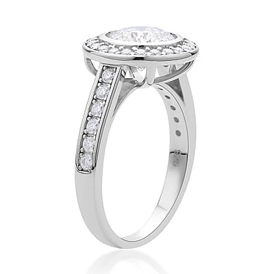 129 Facet Moissanite Halo Ring in Rhodium Over Sterling Silver (Size 10.0) 2.50 ctw