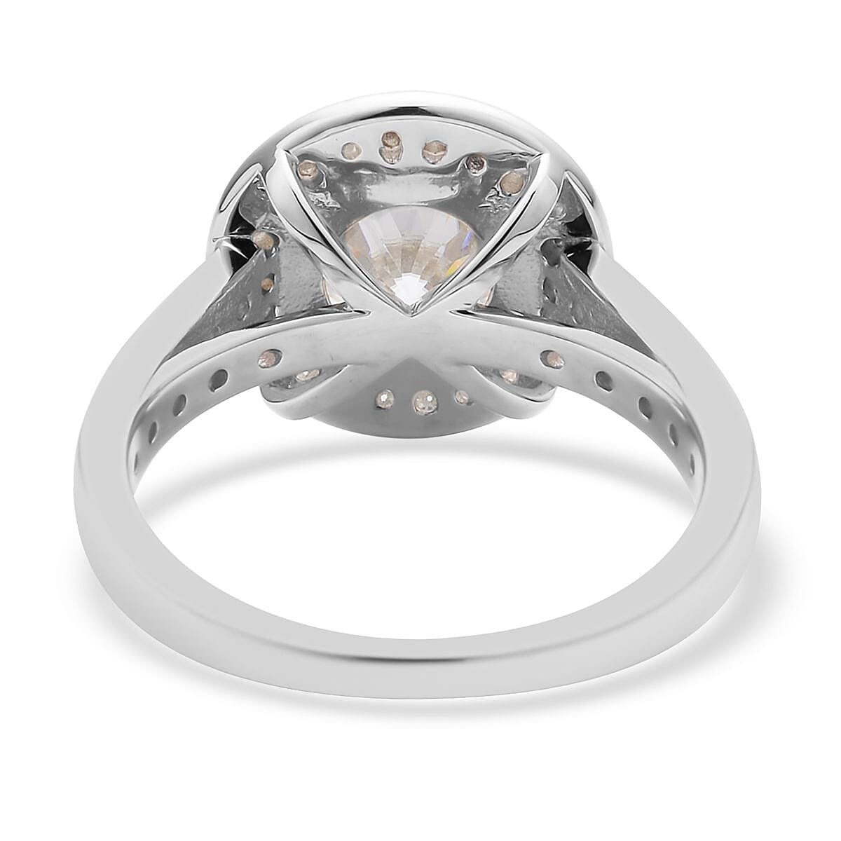 129 Facet Moissanite Halo Ring in Rhodium Over Sterling Silver (Size 10.0) 2.50 ctw