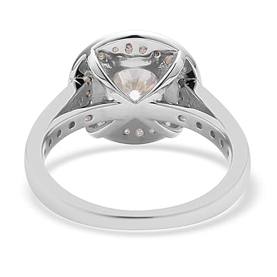 129 Facet Moissanite Halo Ring in Rhodium Over Sterling Silver (Size 10.0) 2.50 ctw