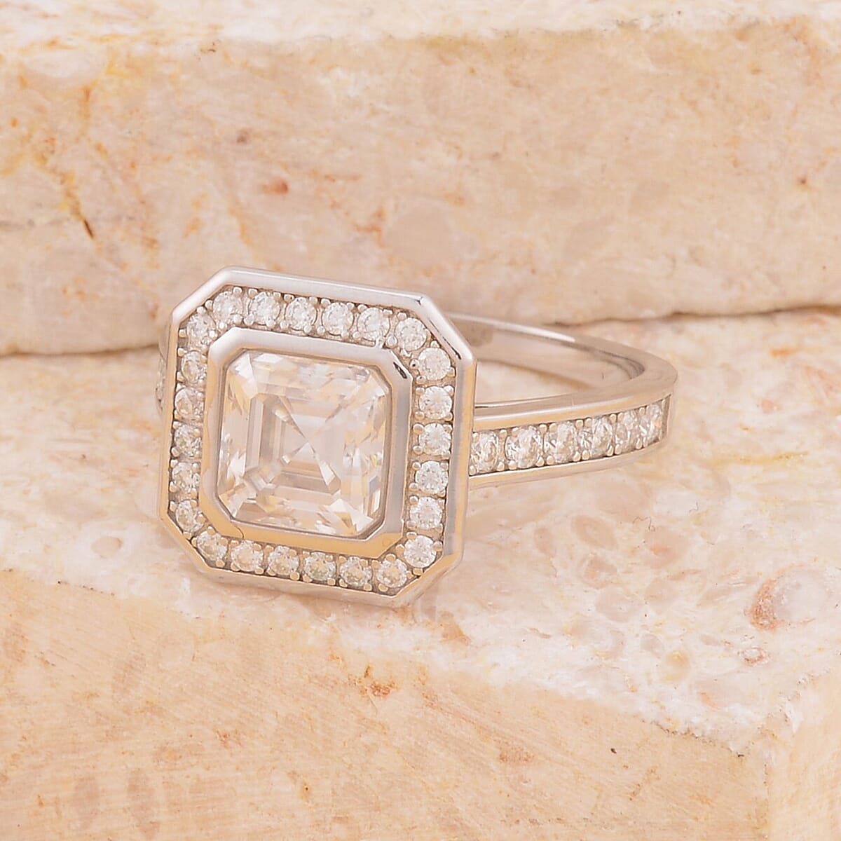 Asscher Cut Moissanite (Oct 7x7mm) Ring in Rhodium Over Sterling Silver (Size 10.0) 2.35 ctw image number 1