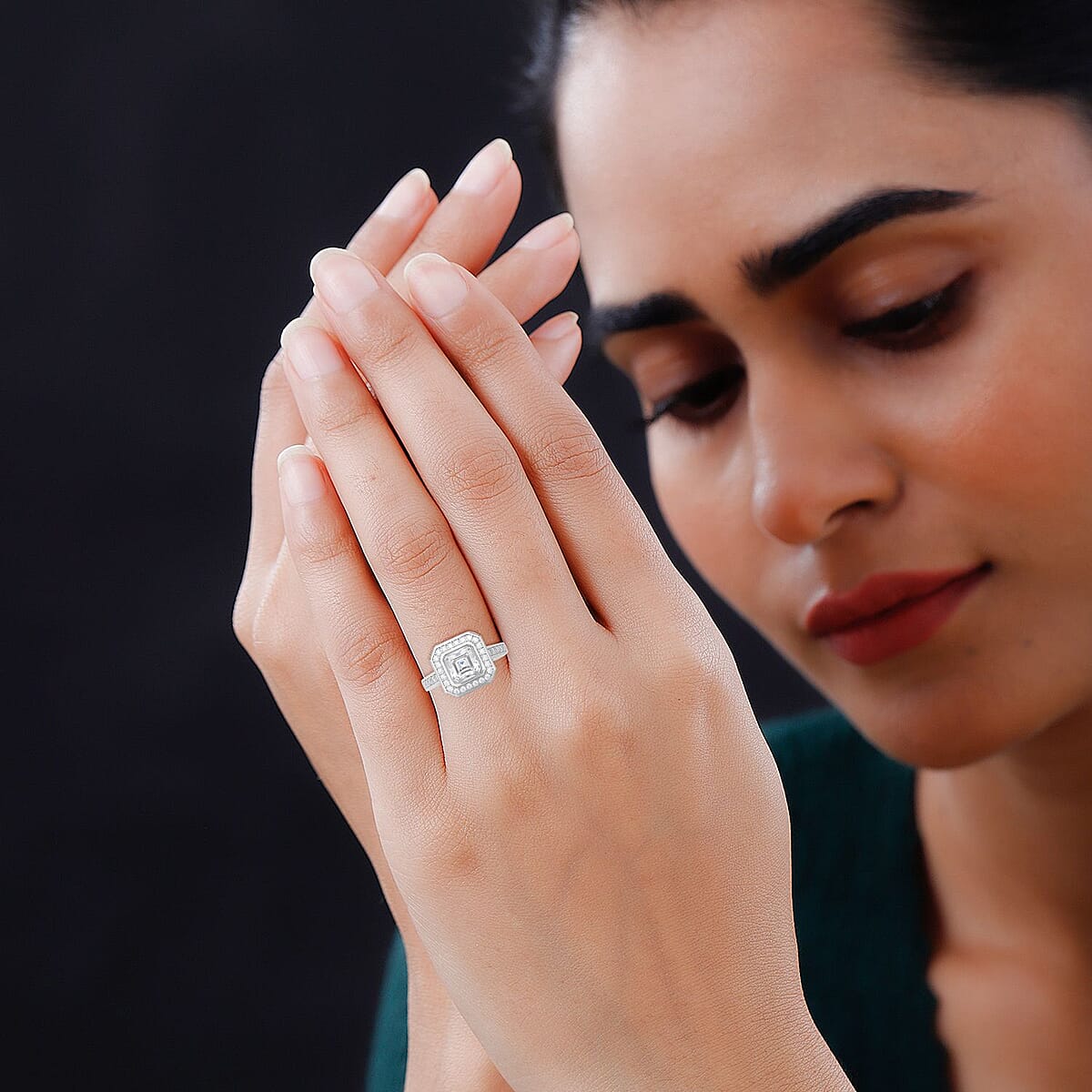 Asscher Cut Moissanite (Oct 7x7mm) Ring in Rhodium Over Sterling Silver (Size 10.0) 2.35 ctw image number 2