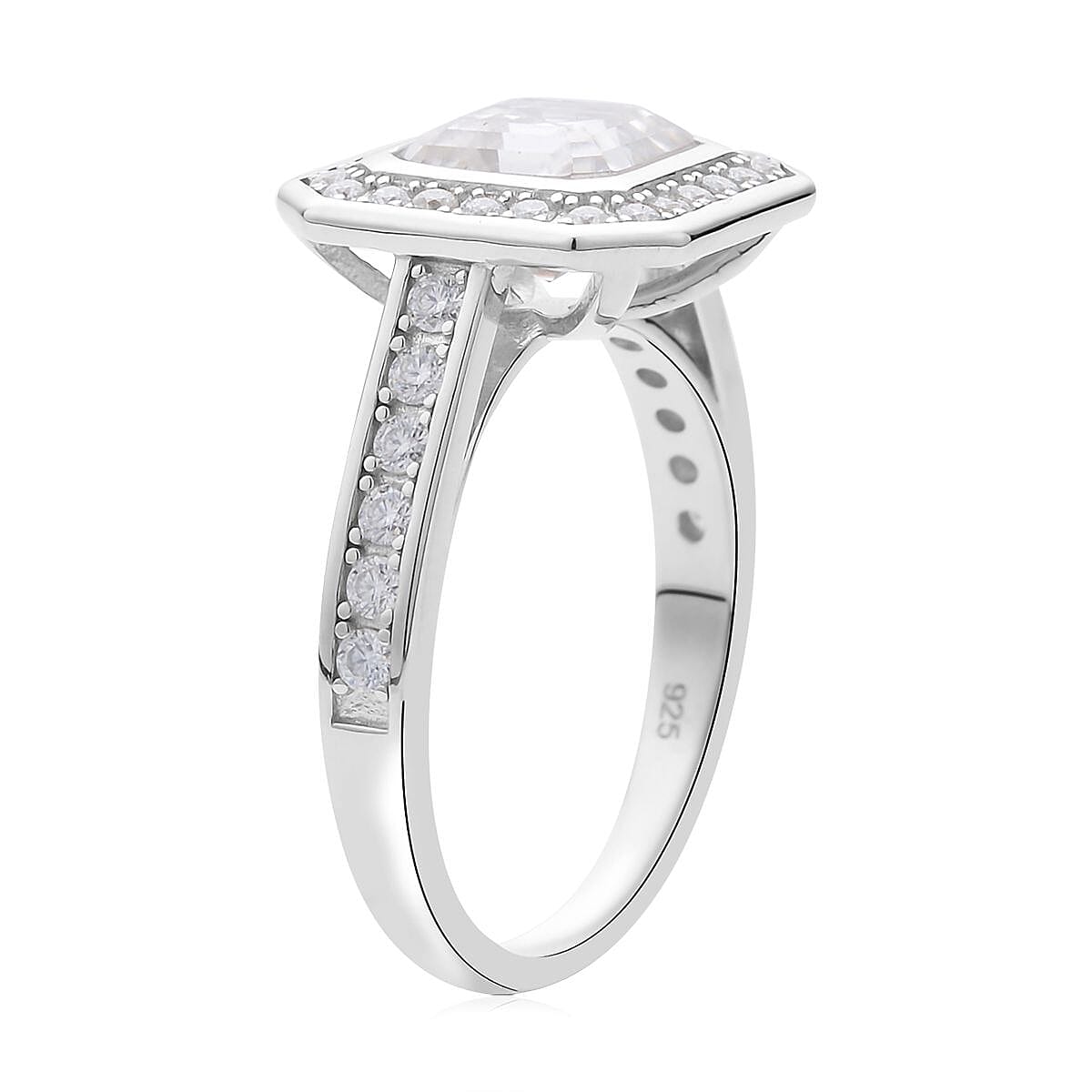 Asscher Cut Moissanite (Oct 7x7mm) Ring in Rhodium Over Sterling Silver (Size 10.0) 2.35 ctw image number 3