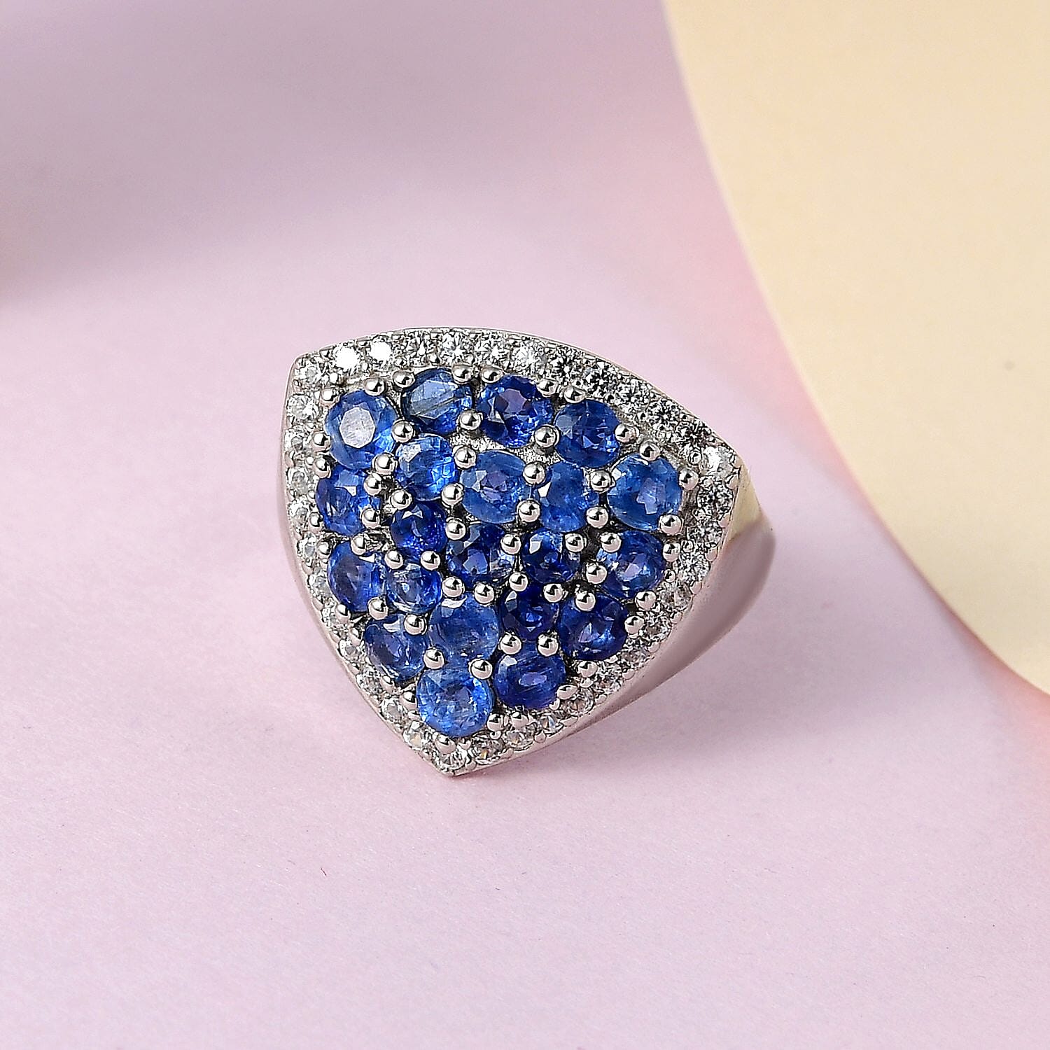 Kyanite and White Zircon 3.47 ctw Cluster Ring in Platinum Over Sterling Silver (Size 11.5) (7.34 g)