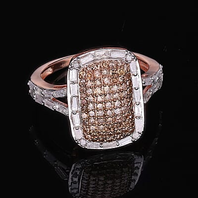 Natural Champagne and White Diamond Ring in Vermeil Rose Gold Over Sterling Silver (Size 10.0) 1.00 ctw