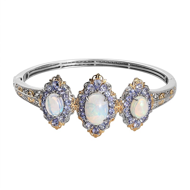 Premium Ethiopian Welo Opal and Tanzanite Bangle Bracelet in Vermeil Yellow Gold and Platinum Over Sterling Silver (7.25 In) 11.65 ctw