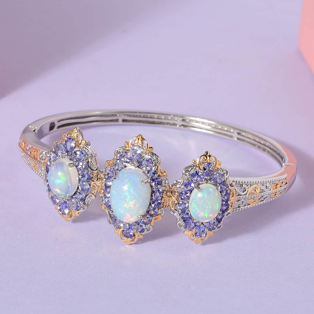 Premium Ethiopian Welo Opal and Tanzanite Bangle Bracelet in Vermeil Yellow Gold and Platinum Over Sterling Silver (7.25 In) 11.65 ctw image number 1