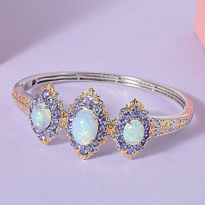 Premium Ethiopian Welo Opal and Tanzanite Bangle Bracelet in Vermeil Yellow Gold and Platinum Over Sterling Silver (7.25 In) 11.65 ctw
