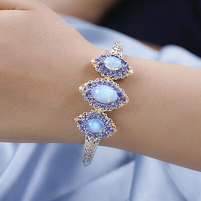 Premium Ethiopian Welo Opal and Tanzanite Bangle Bracelet in Vermeil Yellow Gold and Platinum Over Sterling Silver (7.25 In) 11.65 ctw