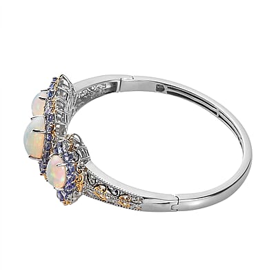 Premium Ethiopian Welo Opal and Tanzanite Bangle Bracelet in Vermeil Yellow Gold and Platinum Over Sterling Silver (7.25 In) 11.65 ctw