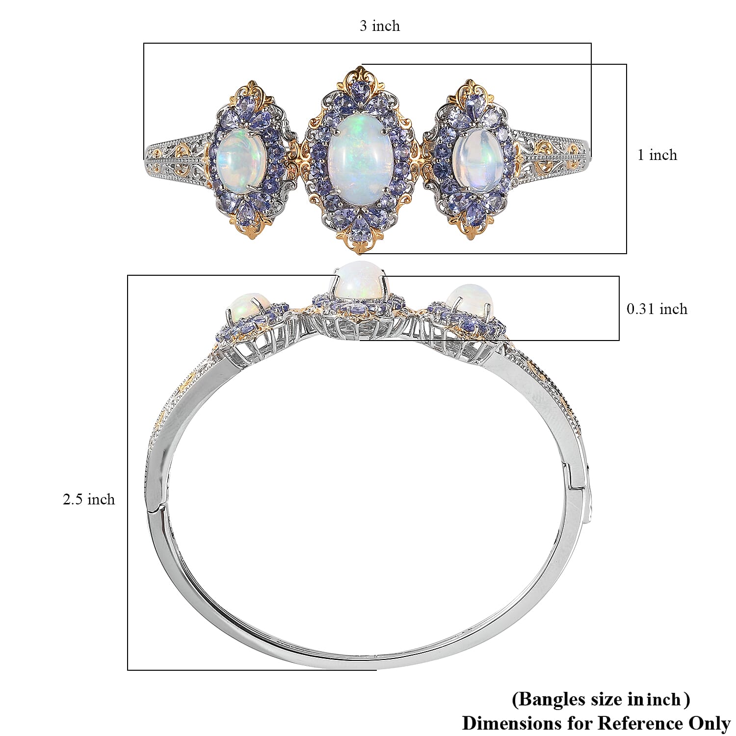 Premium Ethiopian Welo Opal and Tanzanite Bangle Bracelet in Vermeil Yellow Gold and Platinum Over Sterling Silver (7.25 In) 11.65 ctw