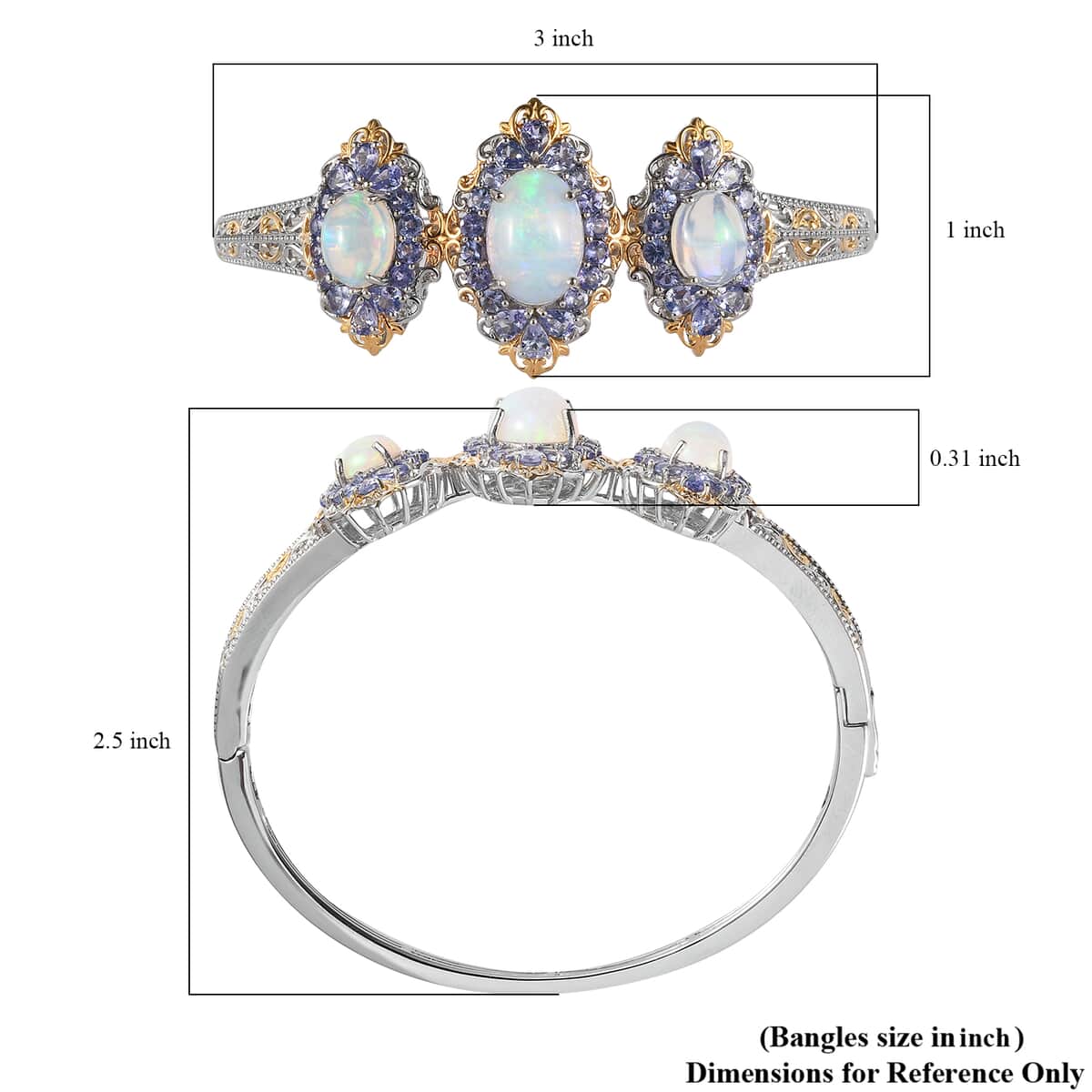 Premium Ethiopian Welo Opal and Tanzanite Bangle Bracelet in Vermeil Yellow Gold and Platinum Over Sterling Silver (7.25 In) 11.65 ctw image number 5