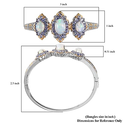 Premium Ethiopian Welo Opal and Tanzanite Bangle Bracelet in Vermeil Yellow Gold and Platinum Over Sterling Silver (7.25 In) 11.65 ctw