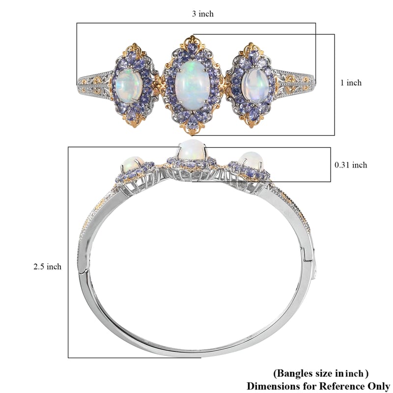 Premium Ethiopian Welo Opal and Tanzanite Bangle Bracelet in Vermeil Yellow Gold and Platinum Over Sterling Silver (7.25 In) 11.65 ctw