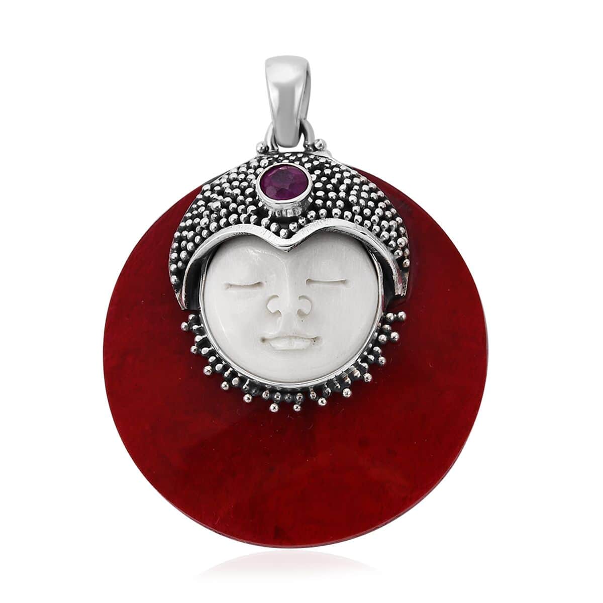 Bali Goddess Carved Bone and Multi Gemstone Pendant in Sterling Silver 0.40 ctw image number 0