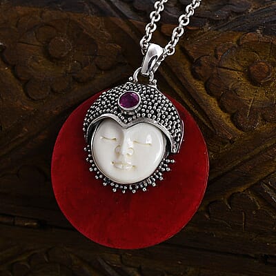 Bali Goddess Carved Bone and Multi Gemstone Pendant in Sterling Silver 0.40 ctw
