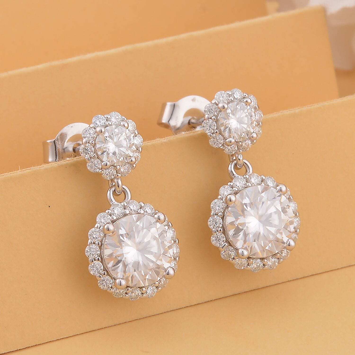 Moissanite Dangle Earrings in Rhodium Over Sterling Silver 2.75 ctw