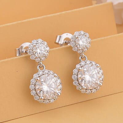 Moissanite Dangle Earrings in Rhodium Over Sterling Silver 2.75 ctw