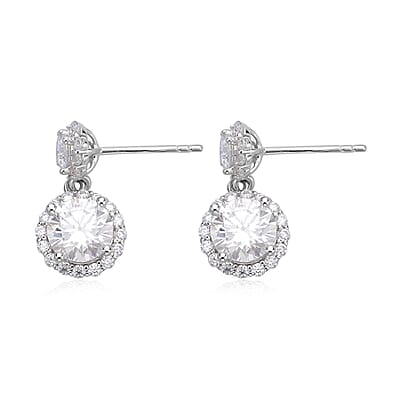 Moissanite Dangle Earrings in Rhodium Over Sterling Silver 2.75 ctw