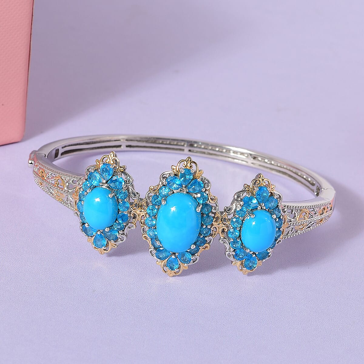 Premium Sleeping Beauty Turquoise and Neon Apatite Bangle Bracelet in Vermeil YG and Platinum Over Sterling Silver (7.25 In) 15.25 ctw image number 1