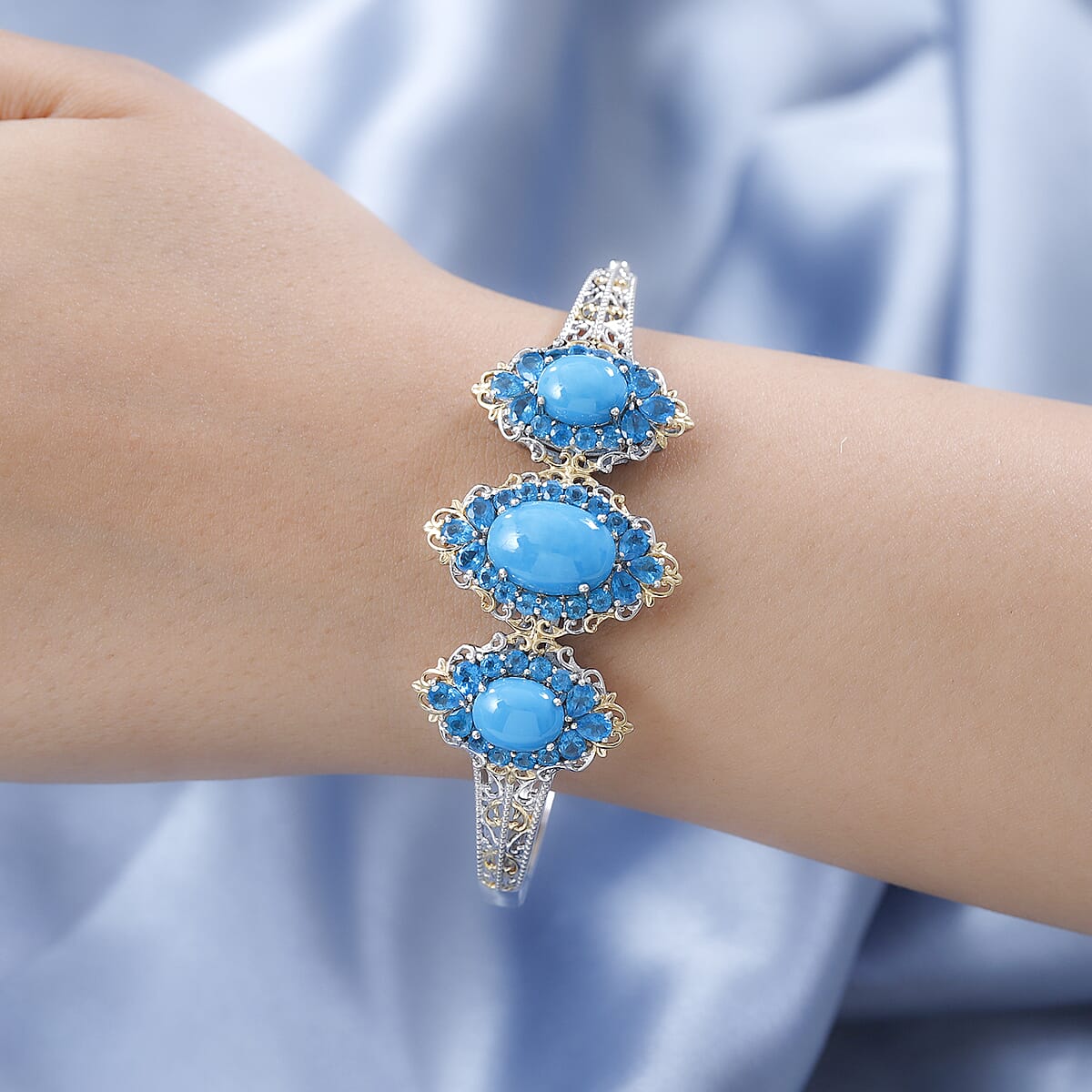 Premium Sleeping Beauty Turquoise and Neon Apatite Bangle Bracelet in Vermeil YG and Platinum Over Sterling Silver (7.25 In) 15.25 ctw image number 2