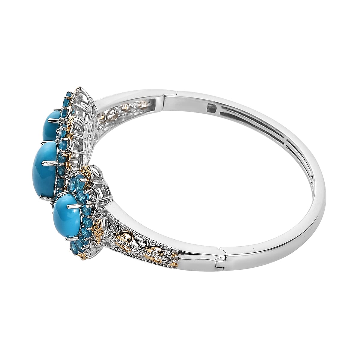 Premium Sleeping Beauty Turquoise and Neon Apatite Bangle Bracelet in Vermeil YG and Platinum Over Sterling Silver (7.25 In) 15.25 ctw image number 3