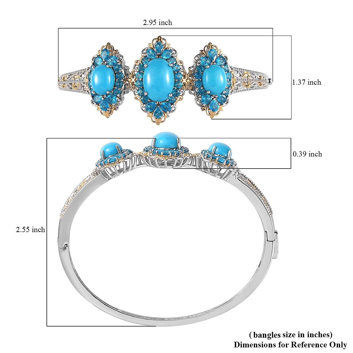 Premium Sleeping Beauty Turquoise and Neon Apatite Bangle Bracelet in Vermeil YG and Platinum Over Sterling Silver (7.25 In) 15.25 ctw image number 5
