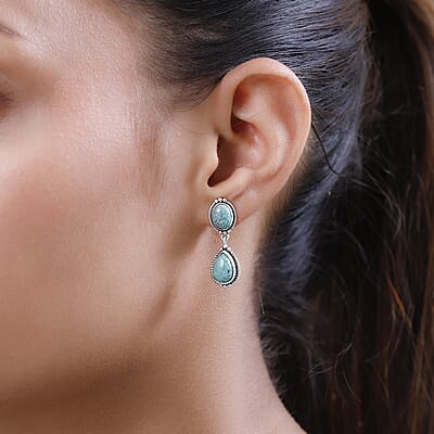 Artisan Crafted Blue Moon Turquoise Dangling Earrings in Sterling Silver 5.50 ctw