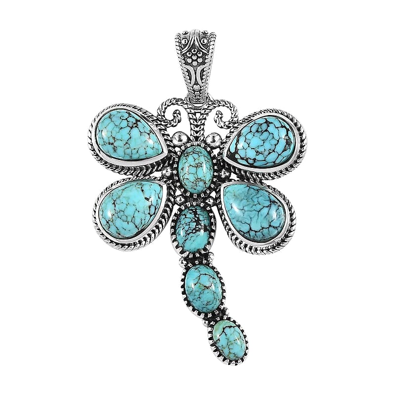 Artisan Crafted Blue Moon Turquoise Dragonfly Pendant in Sterling Silver 9.75 ctw
