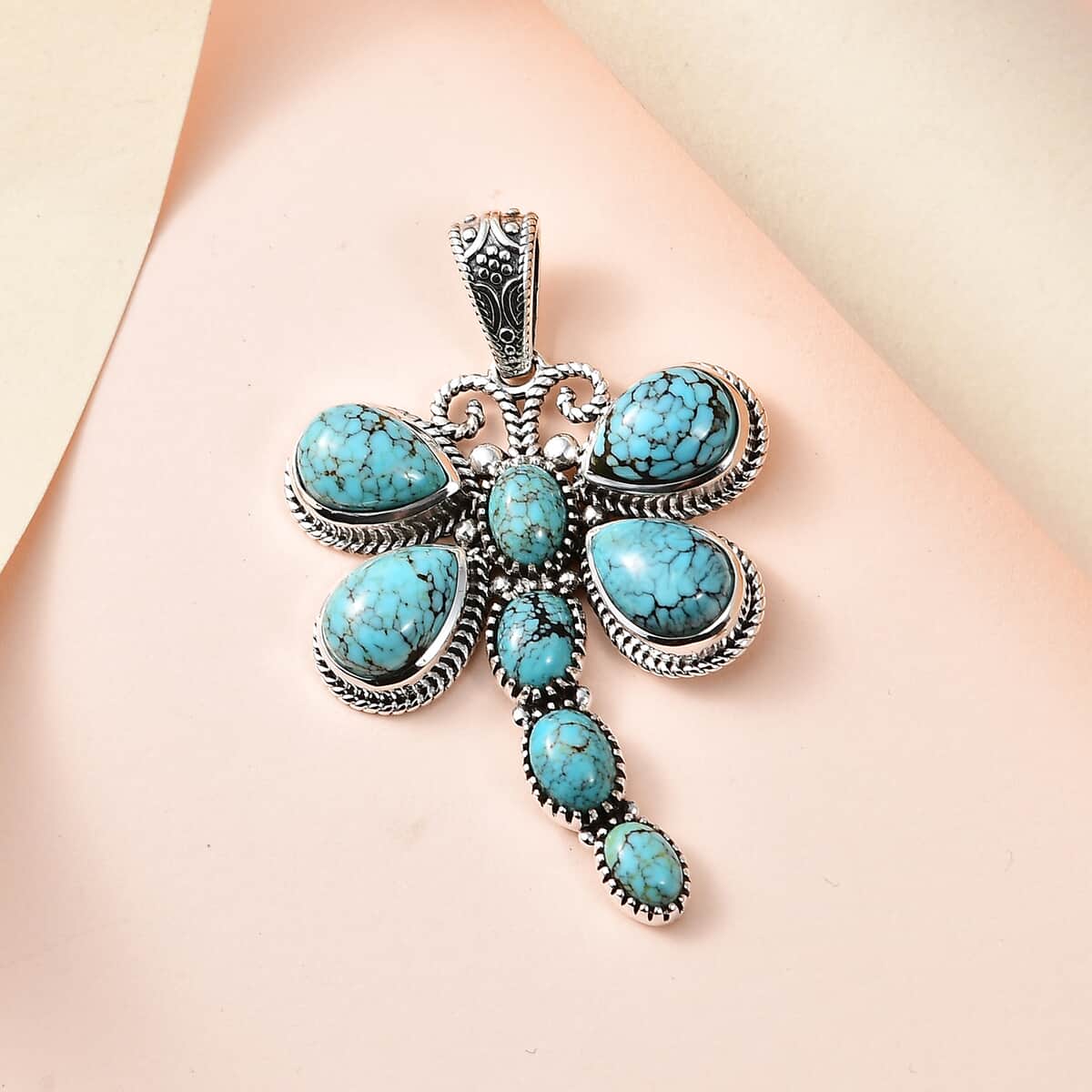 Artisan Crafted Blue Moon Turquoise Dragonfly Pendant in Sterling Silver 9.75 ctw image number 1