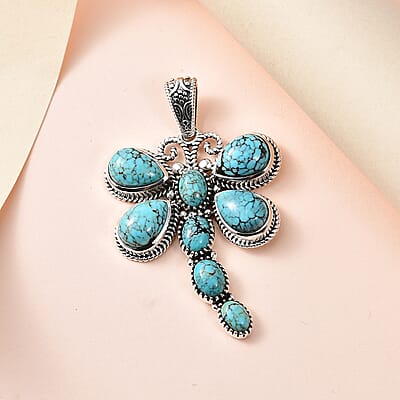 Artisan Crafted Blue Moon Turquoise Dragonfly Pendant in Sterling Silver 9.75 ctw