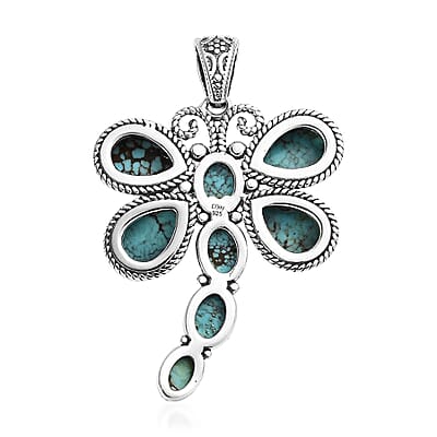 Artisan Crafted Blue Moon Turquoise Dragonfly Pendant in Sterling Silver 9.75 ctw