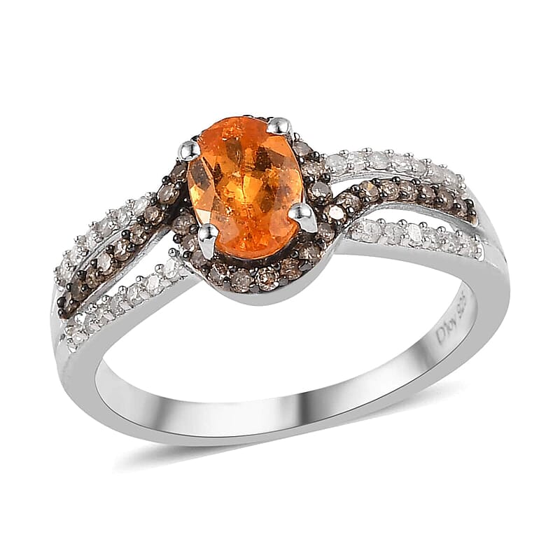 Premium Viceroy Spessartine Garnet, Natural Champagne and White Diamond Ring in Platinum Over Sterling Silver (Size 10.0) 1.35 ctw