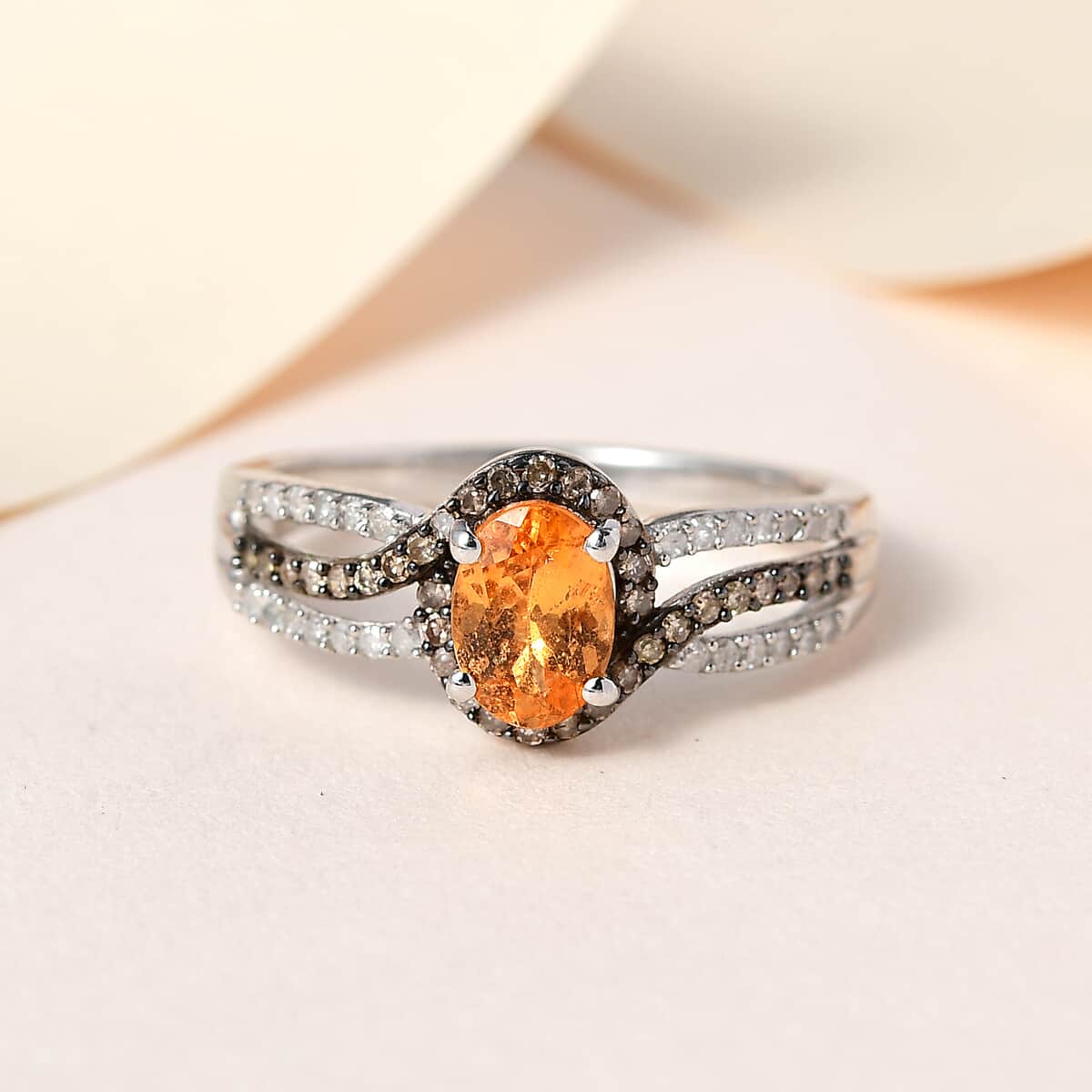 Premium Viceroy Spessartine Garnet, Natural Champagne and White Diamond Ring in Platinum Over Sterling Silver (Size 10.0) 1.35 ctw image number 1