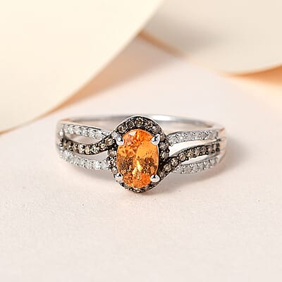 Premium Viceroy Spessartine Garnet, Natural Champagne and White Diamond Ring in Platinum Over Sterling Silver (Size 10.0) 1.35 ctw