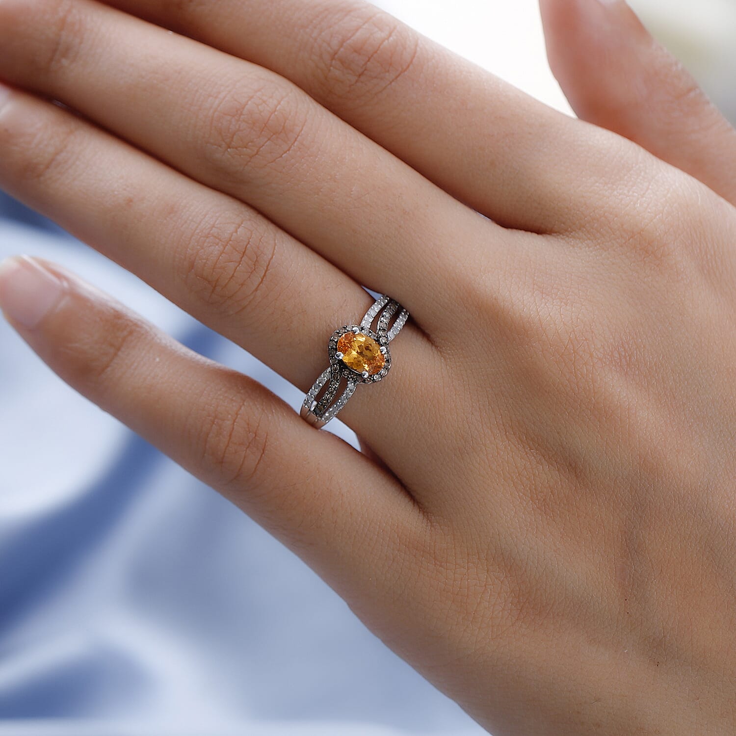 Premium Viceroy Spessartine Garnet, Natural Champagne and White Diamond Ring in Platinum Over Sterling Silver (Size 10.0) 1.35 ctw