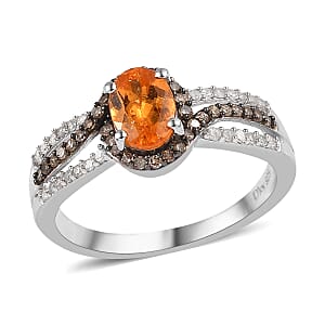 Premium Viceroy Spessartine Garnet, Natural Champagne and White Diamond Ring in Platinum Over Sterling Silver (Size 6.0) 1.35 ctw