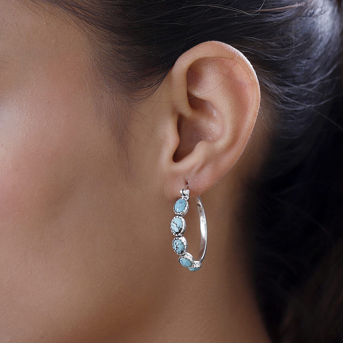 Artisan Crafted Blue Moon Turquoise Hoop Earrings in Sterling Silver 4.40 ctw image number 2