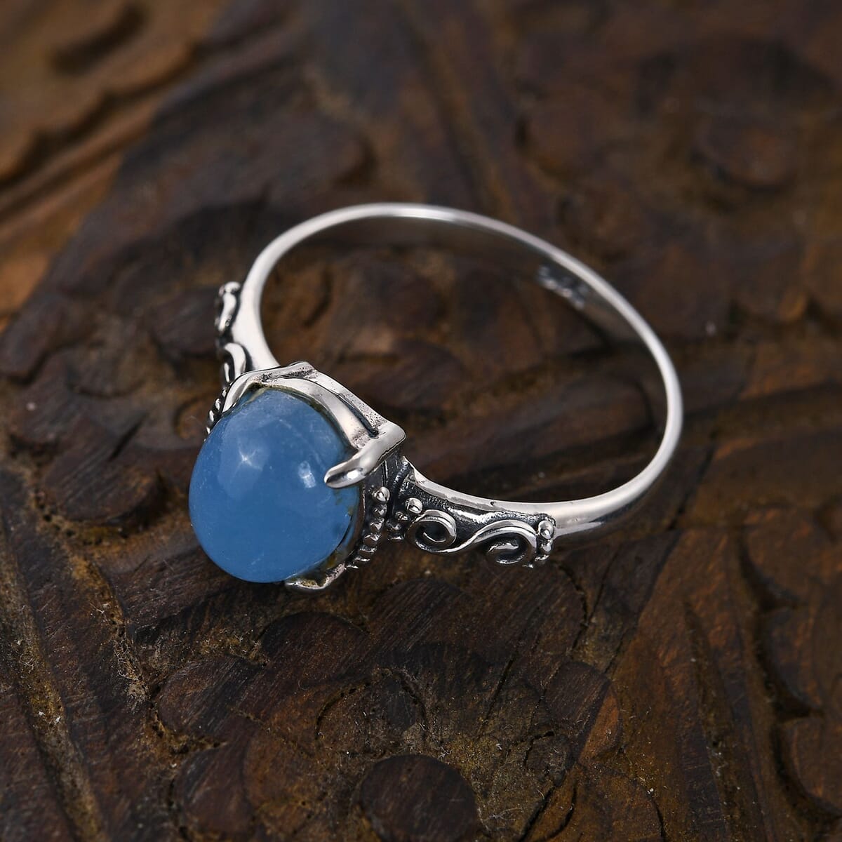 Bali Legacy Blue Jade (D) Floral Ring in Sterling Silver (Size 7.0) 2.50 ctw image number 1