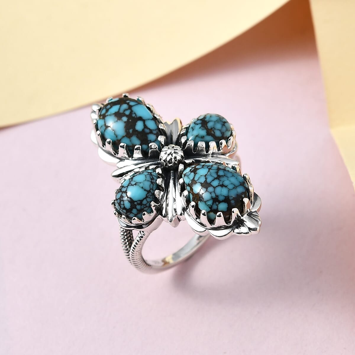 Artisan Crafted Blue Moon Turquoise Floral Ring in Sterling Silver 4.90 ctw image number 1