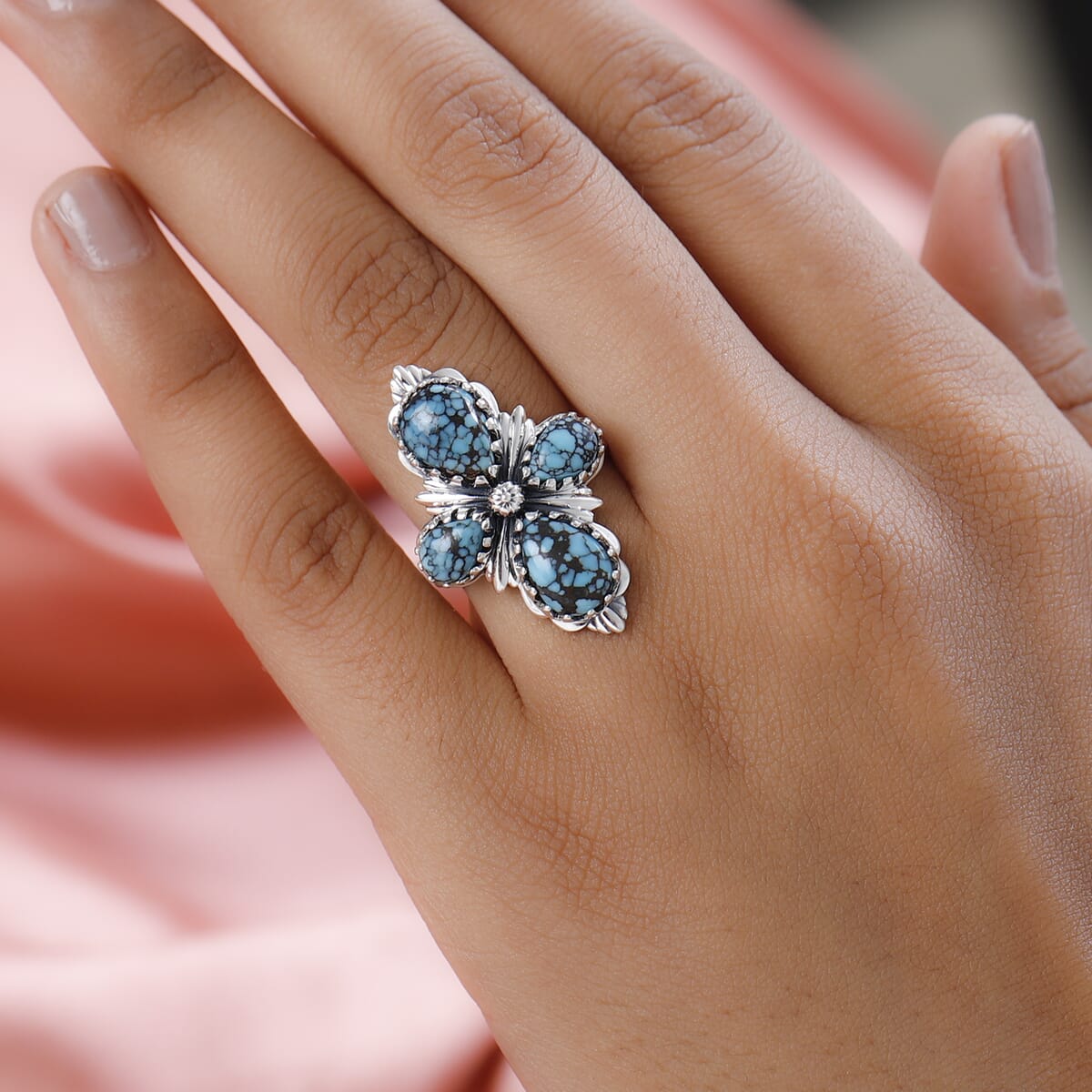 Artisan Crafted Blue Moon Turquoise Floral Ring in Sterling Silver 4.90 ctw image number 2